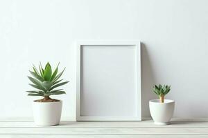 Frame mock up of blank picture standing on a shelf with succulent plant or cactus in scandinavian concept by AI Generated photo