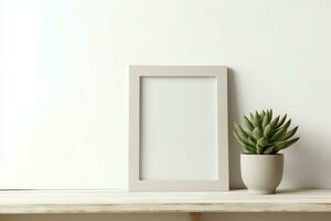 Frame mock up of blank picture standing on a shelf with succulent plant or cactus in scandinavian concept by AI Generated photo