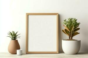 Frame mock up of blank picture standing on a shelf with succulent plant or cactus in scandinavian concept by AI Generated photo