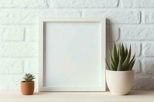 Frame mock up of blank picture standing on a shelf with succulent plant or cactus in scandinavian concept by AI Generated photo