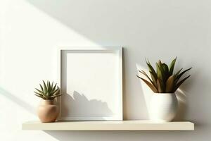 Frame mock up of blank picture standing on a shelf with succulent plant or cactus in scandinavian concept by AI Generated photo