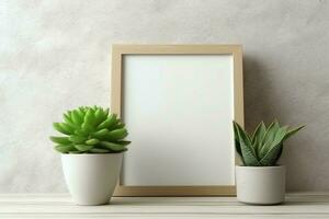 Frame mock up of blank picture standing on a shelf with succulent plant or cactus in scandinavian concept by AI Generated photo