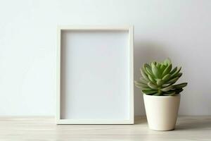 Frame mock up of blank picture standing on a shelf with succulent plant or cactus in scandinavian concept by AI Generated photo