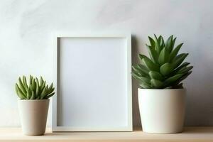 Frame mock up of blank picture standing on a shelf with succulent plant or cactus in scandinavian concept by AI Generated photo