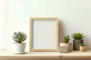 Frame mock up of blank picture standing on a shelf with succulent plant or cactus in scandinavian concept by AI Generated photo