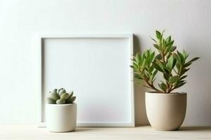 Frame mock up of blank picture standing on a shelf with succulent plant or cactus in scandinavian concept by AI Generated photo