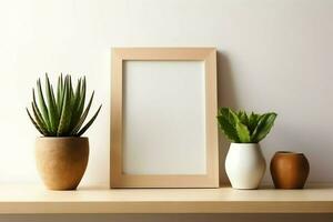 Frame mock up of blank picture standing on a shelf with succulent plant or cactus in scandinavian concept by AI Generated photo