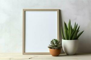 Frame mock up of blank picture standing on a shelf with succulent plant or cactus in scandinavian concept by AI Generated photo