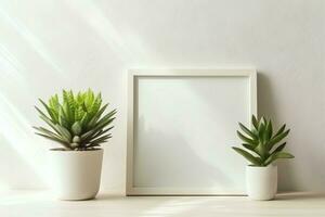 Frame mock up of blank picture standing on a shelf with succulent plant or cactus in scandinavian concept by AI Generated photo