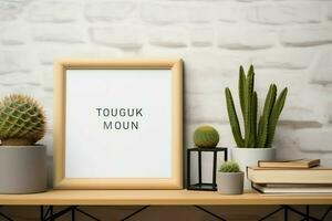 Frame mock up of blank picture standing on a shelf with succulent plant or cactus in scandinavian concept by AI Generated photo