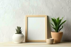 Frame mock up of blank picture standing on a shelf with succulent plant or cactus in scandinavian concept by AI Generated photo