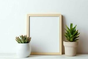 Frame mock up of blank picture standing on a shelf with succulent plant or cactus in scandinavian concept by AI Generated photo