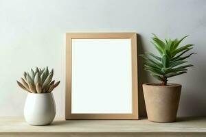 Frame mock up of blank picture standing on a shelf with succulent plant or cactus in scandinavian concept by AI Generated photo