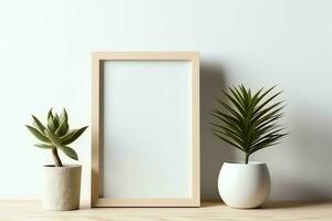 Frame mock up of blank picture standing on a shelf with succulent plant or cactus in scandinavian concept by AI Generated photo