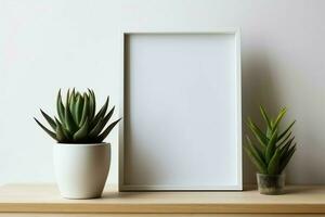 Frame mock up of blank picture standing on a shelf with succulent plant or cactus in scandinavian concept by AI Generated photo