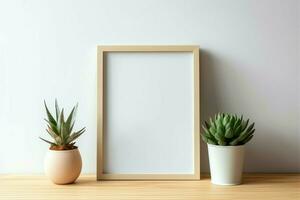 Frame mock up of blank picture standing on a shelf with succulent plant or cactus in scandinavian concept by AI Generated photo