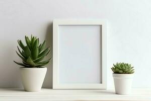 Frame mock up of blank picture standing on a shelf with succulent plant or cactus in scandinavian concept by AI Generated photo