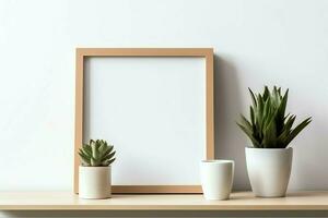 Frame mock up of blank picture standing on a shelf with succulent plant or cactus in scandinavian concept by AI Generated photo