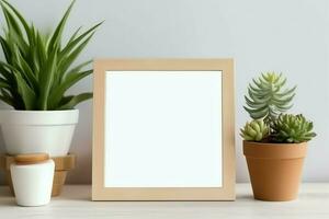 Frame mock up of blank picture standing on a shelf with succulent plant or cactus in scandinavian concept by AI Generated photo