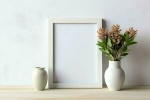 Frame mock up of blank picture standing on a shelf with succulent plant or cactus in scandinavian concept by AI Generated photo