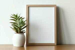 Frame mock up of blank picture standing on a shelf with succulent plant or cactus in scandinavian concept by AI Generated photo