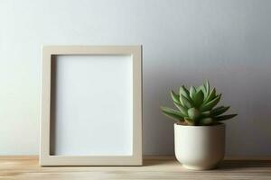 Frame mock up of blank picture standing on a shelf with succulent plant or cactus in scandinavian concept by AI Generated photo