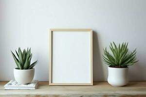 Frame mock up of blank picture standing on a shelf with succulent plant or cactus in scandinavian concept by AI Generated photo