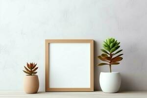 Frame mock up of blank picture standing on a shelf with succulent plant or cactus in scandinavian concept by AI Generated photo