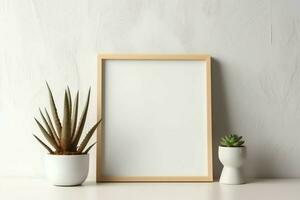 Frame mock up of blank picture standing on a shelf with succulent plant or cactus in scandinavian concept by AI Generated photo