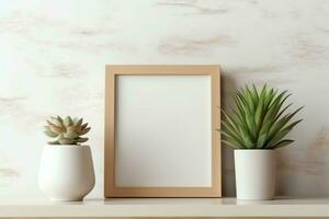 Frame mock up of blank picture standing on a shelf with succulent plant or cactus in scandinavian concept by AI Generated photo