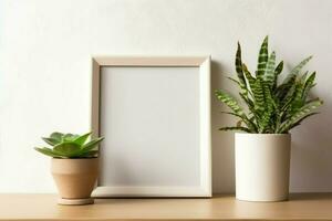 Frame mock up of blank picture standing on a shelf with succulent plant or cactus in scandinavian concept by AI Generated photo