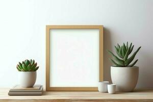 Frame mock up of blank picture standing on a shelf with succulent plant or cactus in scandinavian concept by AI Generated photo