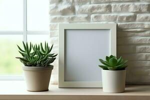 Frame mock up of blank picture standing on a shelf with succulent plant or cactus in scandinavian concept by AI Generated photo