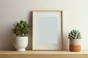 Frame mock up of blank picture standing on a shelf with succulent plant or cactus in scandinavian concept by AI Generated photo