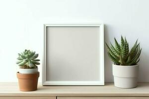 Frame mock up of blank picture standing on a shelf with succulent plant or cactus in scandinavian concept by AI Generated photo