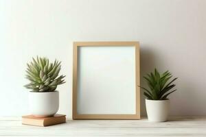 Frame mock up of blank picture standing on a shelf with succulent plant or cactus in scandinavian concept by AI Generated photo