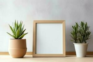 Frame mock up of blank picture standing on a shelf with succulent plant or cactus in scandinavian concept by AI Generated photo