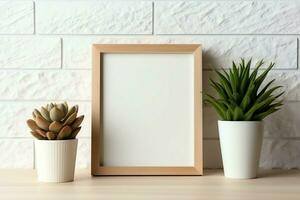 Frame mock up of blank picture standing on a shelf with succulent plant or cactus in scandinavian concept by AI Generated photo