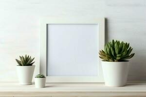 Frame mock up of blank picture standing on a shelf with succulent plant or cactus in scandinavian concept by AI Generated photo