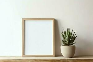 Frame mock up of blank picture standing on a shelf with succulent plant or cactus in scandinavian concept by AI Generated photo