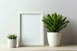 Frame mock up of blank picture standing on a shelf with succulent plant or cactus in scandinavian concept by AI Generated photo