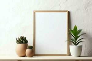 Frame mock up of blank picture standing on a shelf with succulent plant or cactus in scandinavian concept by AI Generated photo