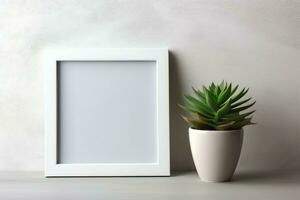 marco burlarse de arriba de blanco imagen en pie en un estante con suculento planta o cactus en escandinavo concepto por ai generado foto