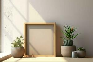 Frame mock up of blank picture standing on a shelf with succulent plant or cactus in scandinavian concept by AI Generated photo