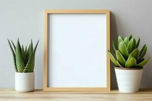 Frame mock up of blank picture standing on a shelf with succulent plant or cactus in scandinavian concept by AI Generated photo