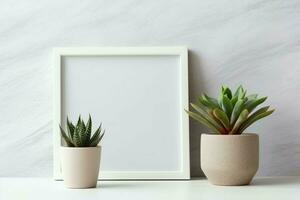 Frame mock up of blank picture standing on a shelf with succulent plant or cactus in scandinavian concept by AI Generated photo