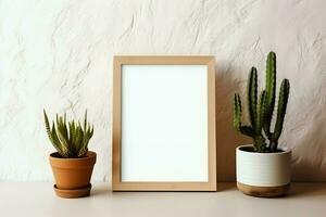 Frame mock up of blank picture standing on a shelf with succulent plant or cactus in scandinavian concept by AI Generated photo