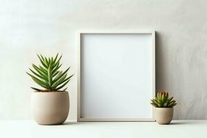 Frame mock up of blank picture standing on a shelf with succulent plant or cactus in scandinavian concept by AI Generated photo