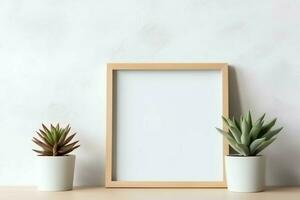 marco burlarse de arriba de blanco imagen en pie en un estante con suculento planta o cactus en escandinavo concepto por ai generado foto