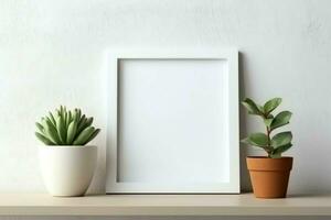 Frame mock up of blank picture standing on a shelf with succulent plant or cactus in scandinavian concept by AI Generated photo